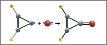Formation route for the cyclopropenone molecule via the addition of an oxygen atom to cyclopropenylidine (c-C3H2).  Interstellar cyclopropenone was detected in 2006 by Hollis, Remijan, Jewell and Lovas using the NRAO 100 m Green Bank Telescope (GBT).