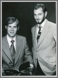 Don Johnson (left) and Frank Lovas (right) after being awarded the Department of Commerce Gold Medal in 1976, the highest award in the Department.  Gold Medal Citation: For the outstanding contributions to the interdisciplinary application of microwave spectroscopic techniques to aeronomy, astronomy, chemistry, and industry.