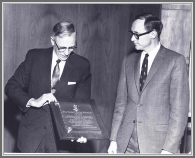 Allen Astin, NBS Director, presenting the Stratton Award to David Lide in 1968.  The citation is: 'For outstanding research and distinguished authorship in the field of microwave spectroscopy'. The Samuel Wesley Stratton Award is presented annually to a NIST (NBS) employee or group 'To recognize outstanding scientific or engineering achievements in support of NIST objectives'.