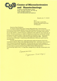List gratulacyjny od Dyrektora Center of Microelectronics and Nanotechnology prod. dra hab. Eugeniusza Szeregii
