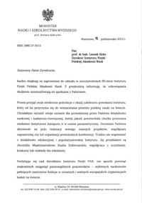 List gratulacyjny od Minister Nauki i Szkolnictwa Wyższego prof. dr hab. Barbary Kudryckiej