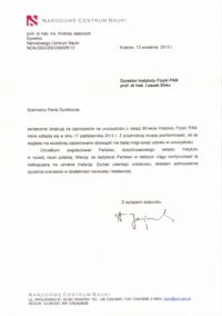 List gratulacyjny od Dyrektora Narodowego Centrum Nauki prof. dr hab. inż. Andrzeja Jajszczyka