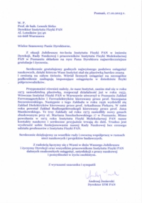 List gratulacyjny od Dyrektora Instytutu Fizyki Molekularnej PAN prof. dra hab. Andrzeja Jezierskiego