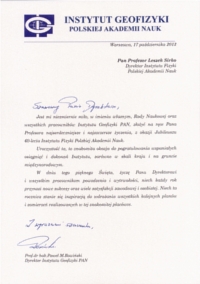 List gratulacyjny od Dyrektora Instytutu Geofizyki PAN prof. dra hab. Pawła M. Rowińskiego