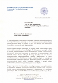 List gratulacyjny od Prezesa Polskiego Towarzystwa Fizycznego prof. dr hab. Wiesława Andrzeja Kamińskiego