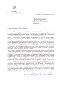 List gratulacyjny od Prezydenta RP Bronisława Komorowskiego