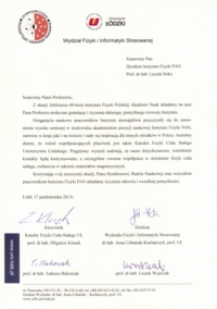List gratulacyjny od Dziekana Wydziału Fizyki <br>i Informatyki Stosowanej Uniwersytetu Łódzkiego dr hab. Anny Urbaniak-Kucharczyk