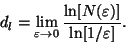 \begin{displaymath}d_l=\lim_{\varepsilon\rightarrow 0}{\ln[N(\varepsilon)]\over \ln[1/
\varepsilon]}. \end{displaymath}