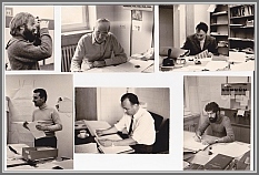 First members of the Kiel group who moved from Freiburg (1969). Top (from left) : H.Legell, U.Andresen, D.H.Sutter. Bottom (from left) : A.Guarnieri, H.Dreizler, H.Mäder.  Note that nobody is as yet looking at a computer screen.