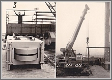 Installation of the 20 ton magnet for the Zeeman MW spectrometer (1970).  The magnet was manufactured by Bruker, Karlsruhe and its installation in the basement of the building required heavy transport equipment.