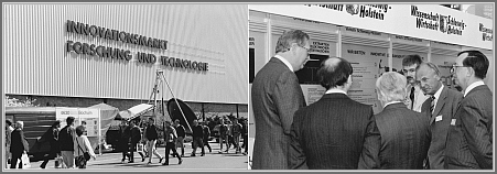 Various achievements of the Kiel group were presented several times at the Hannover industrial fair (left). The right picture records presentation of the homemade transient digitizer for the extraction of weak periodic signals from the noise (1988). The digitizer was especially designed for waveguide Fourier-transform spectroscopy and could average up to 25k records per second, each up to 4096 points and 40 microseconds long. Several MW group members are in attendance: U.Andresen (1st left), Ch.Keussen (4th from left), H.Dreizler (5th from left).